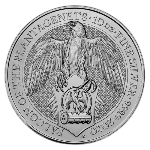 10 Troy ounce zilveren munt Queens Beasts Falcon of the Plantagenets 2020 voorkant