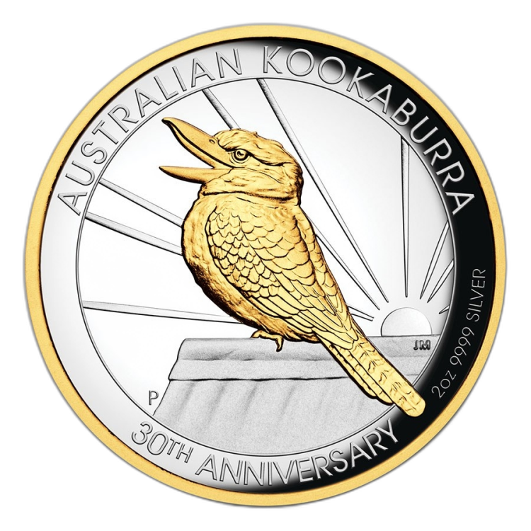 2 troy ounce vergulde zilveren munt Kookaburra 2020 Proof voorkant