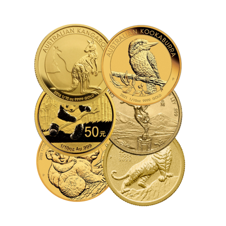 Diverse 1/10 troy ounce gouden munt voorkant