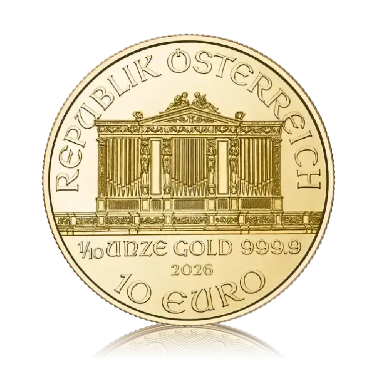 1/10 troy ounce gold Vienna Philharmonic coins 2026 back