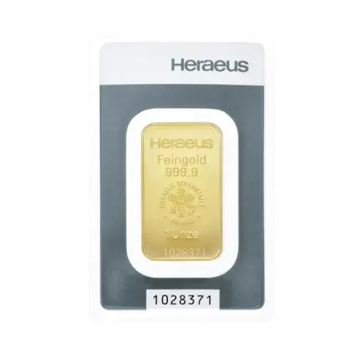 Goudbaar 1 troy ounce Heraeus voorkant