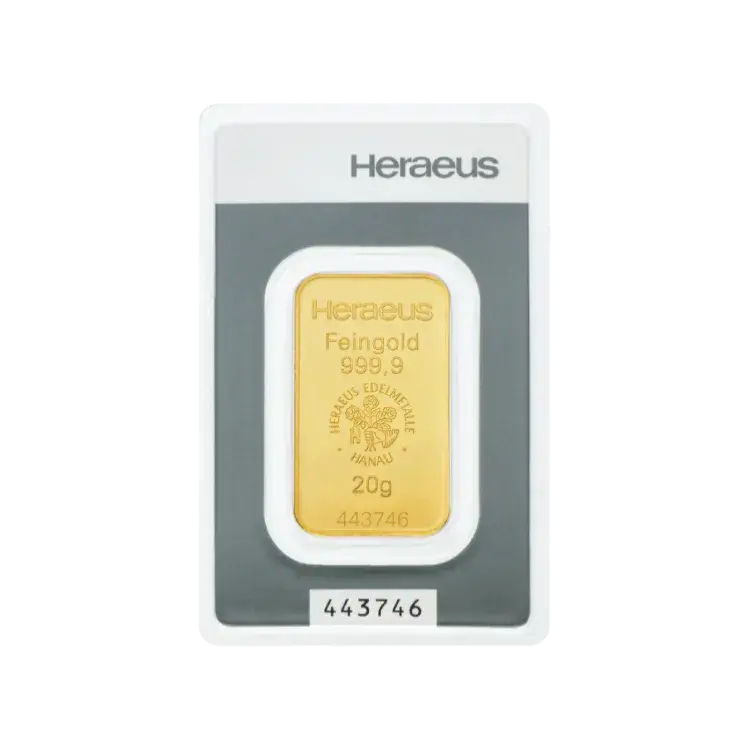 20 gram goudbaar Heraeus voorkant