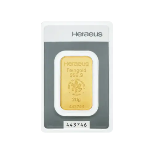 20 gram goudbaar Heraeus voorkant