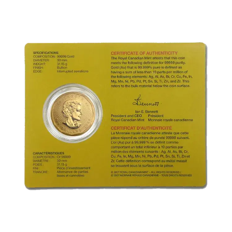 1 troy ounce gouden Maple Leaf 2009 (.99999 puur goud) achterkant