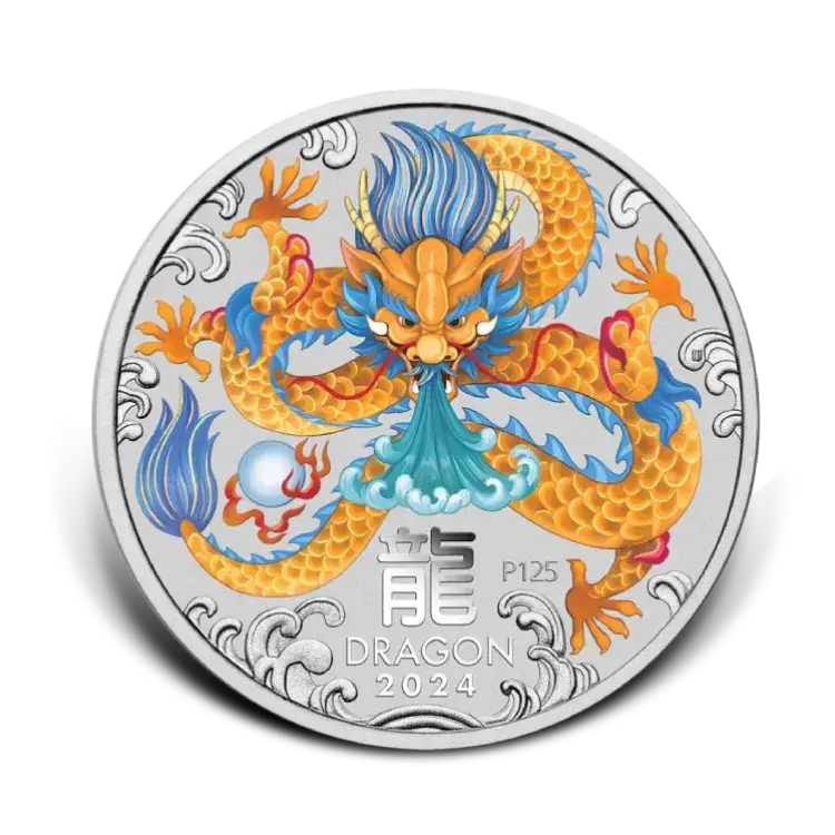 5 troy ounce silver Lunar coin 2024 Year of the Dragon colored front