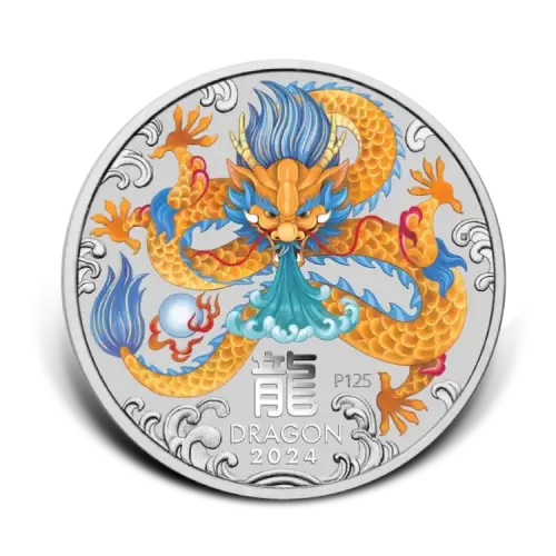 2 troy ounce silver Lunar coin 2024 Year of the Dragon colored front