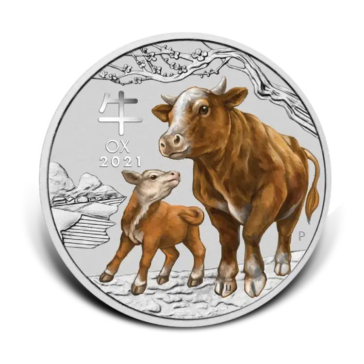 1 troy ounce zilveren munt Lunar 2021 Year of the Ox colored voorkant