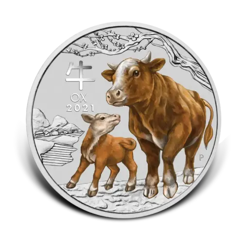 1 troy ounce zilveren munt Lunar 2021 Year of the Ox colored voorkant