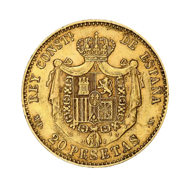 Gouden 20 Pesetas munt Spanje angle 2