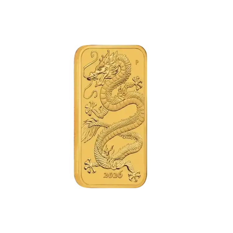 1 troy ounce gold Rectangular Dragon coinbar 2026 angle 1