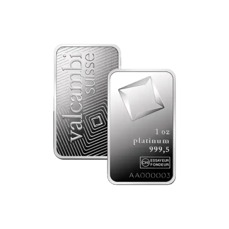 1 troy ounce Valcambi platinum bar angle 1