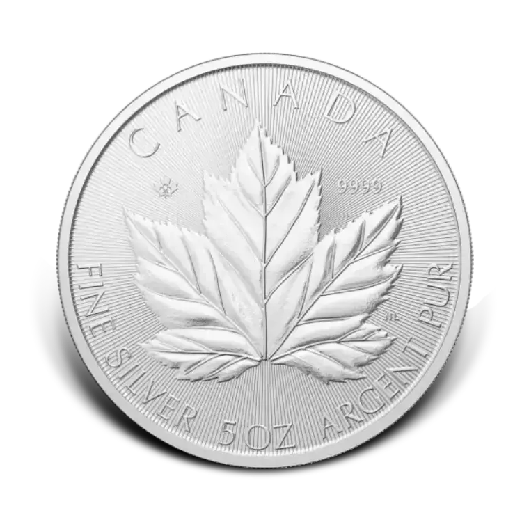 5 troy ounce silver Maple Leaf coin front