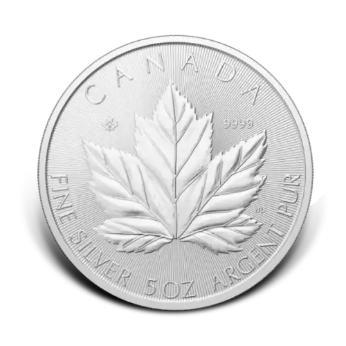 5 troy ounce silver Maple Leaf coin front