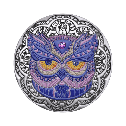 2 troy ounce zilveren munt Mandala Owl - antieke afwerking 2020 voorkant