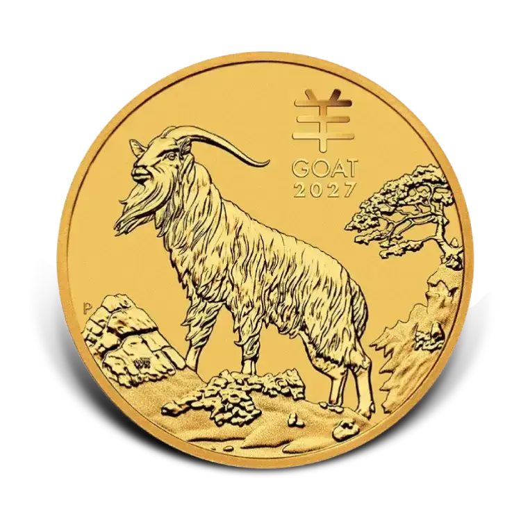 2 troy ounce gouden Lunar III munt - Year of the Goat 2027 voorkant