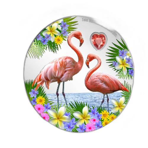 1 troy ounce zilveren munt Love is Precious - Flamingo's 2021 Proof voorkant