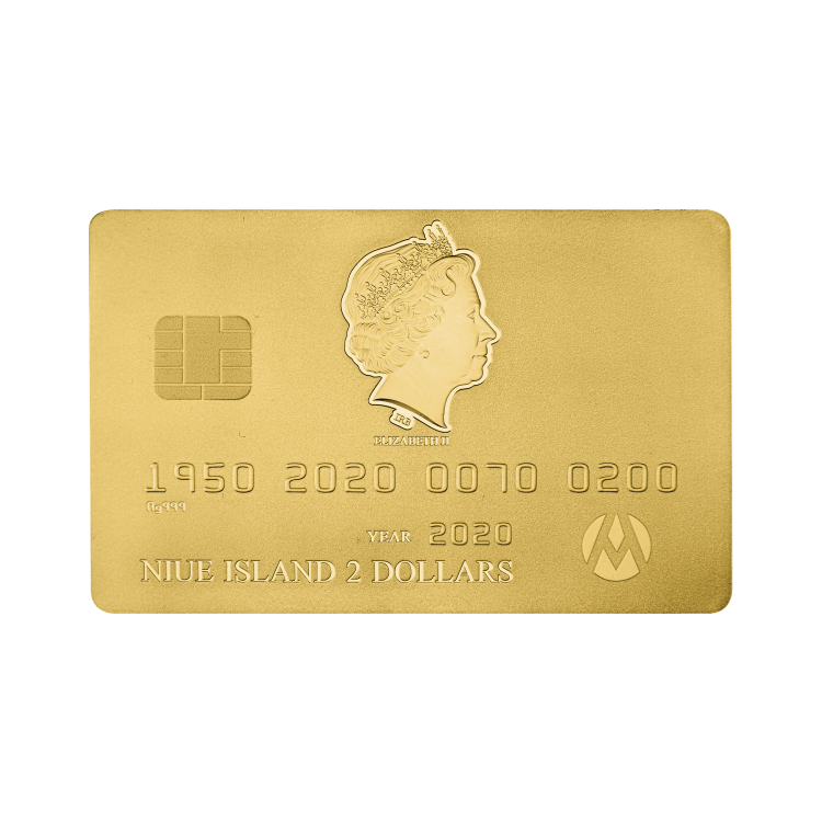 1,5 troy ounce zilveren credit card munt met goudlaag 2020 voorkant