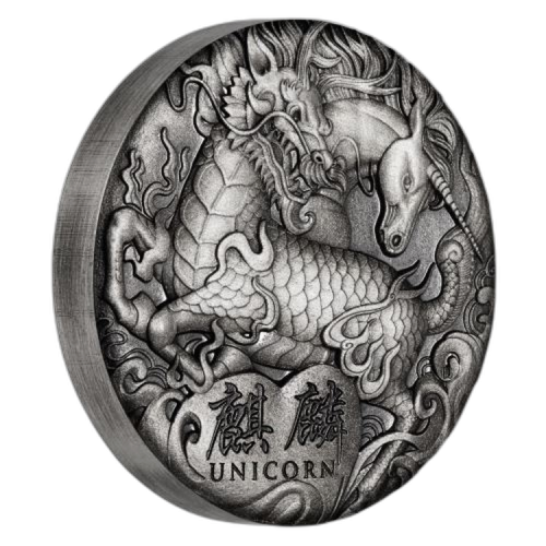 2 troy ounce zilveren munt Qi Lin Unicorn antieke afwerking 2018 voorkant