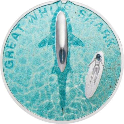 1 troy ounce zilveren munt witte haai - Proof 2021 voorkant