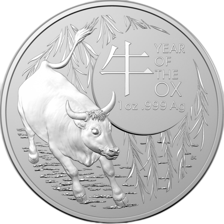 1 troy ounce zilveren munt Lunar RAM serie Os 2021 voorkant