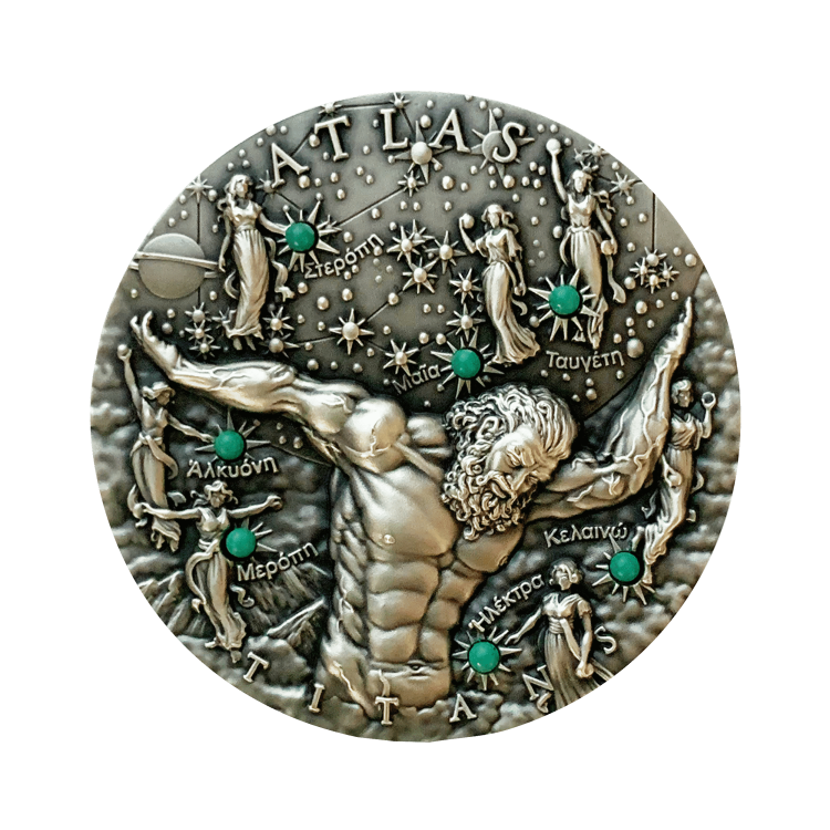 2 troy ounce zilveren munt Titanen Atlas 2020 voorkant