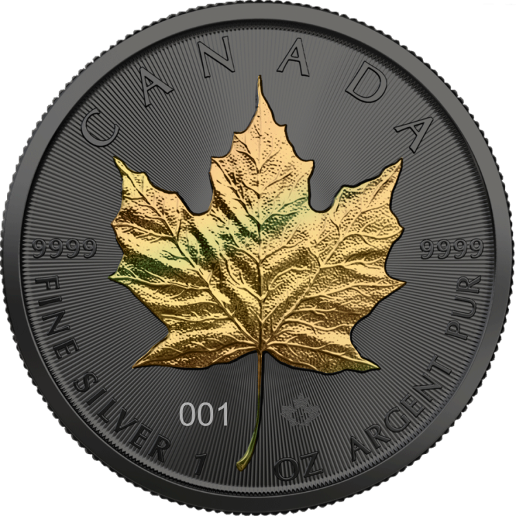 1 troy ounce zilveren munt gouden holo serie Maple Leaf 2021 voorkant