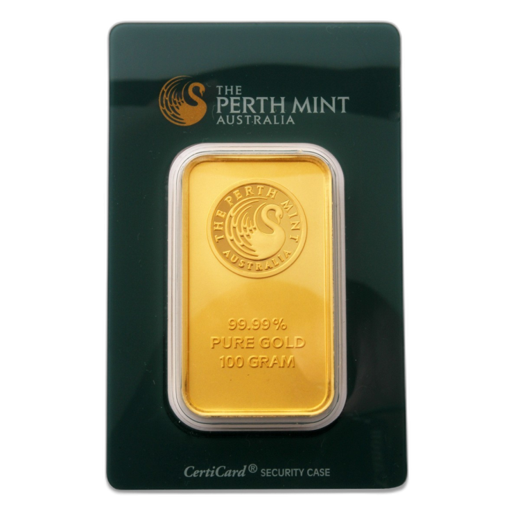 100 grams 99,99 Perth Mint gold bar front