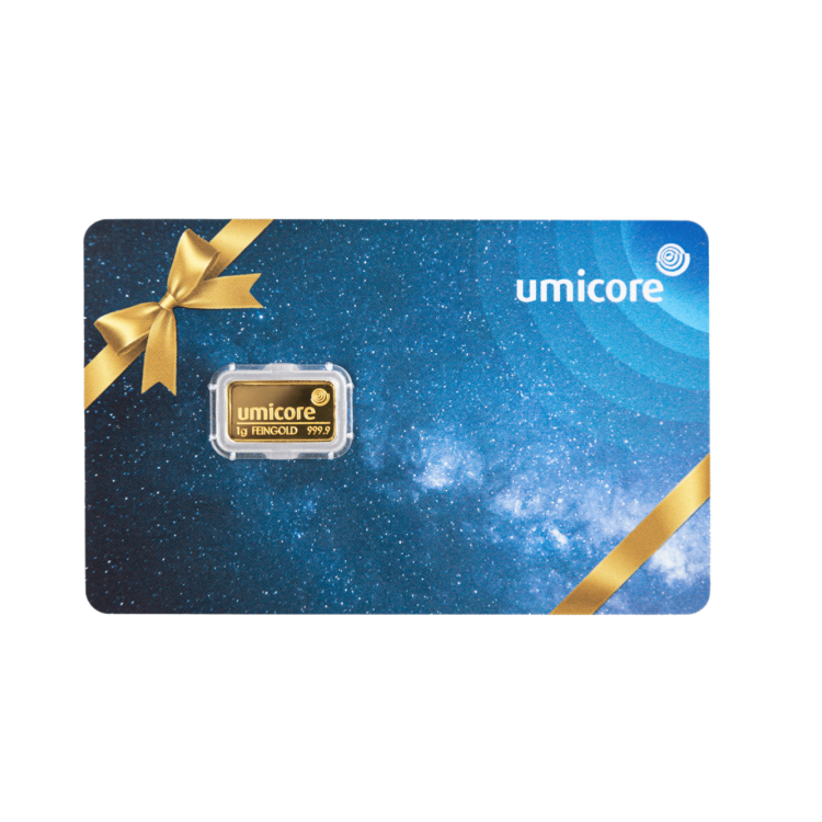 1 gram goudbaar Umicore geschenkkaart voorkant