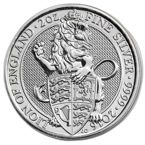 2 Troy ounce zilveren munt Queens Beasts Lion 2016 voorkant