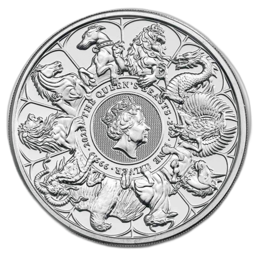 2 troy ounce zilveren munt Queens Beasts completer circulated voorkant