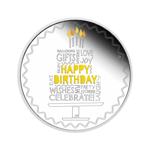 Zilveren Happy Birthday munt met verjaardagsverpakking 1 troy ounce voorkant