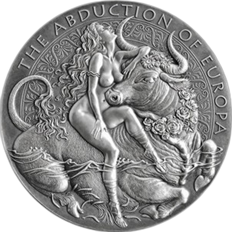 2 troy ounce zilveren munt de ontvoering van Europa 2022 voorkant