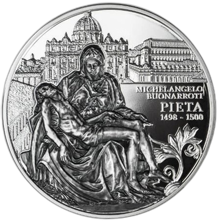 2 troy ounce zilveren PIETA Masterpieces of Sculptural 5$ Niue 2019 voorkant