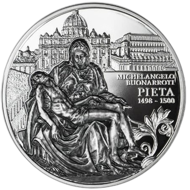 2 troy ounce zilveren PIETA Masterpieces of Sculptural 5$ Niue 2019 front