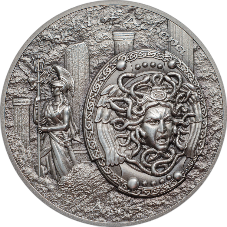 2 troy oz zilveren munt Shield of Athena Aegis Mythology 5$ Niue 2018 front