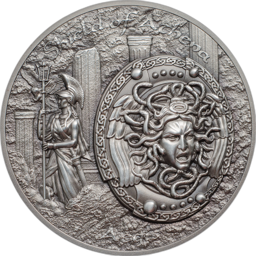 2 troy oz zilveren munt Shield of Athena Aegis Mythology 5$ Niue 2018 voorkant