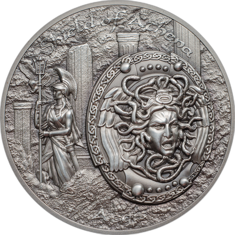 2 troy oz zilveren munt Shield of Athena Aegis Mythology 5$ Niue 2018 front