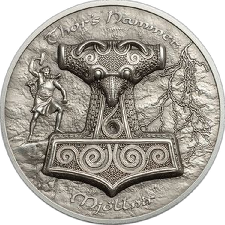 2 troy ounce zilveren munt Thor Hammer Mjollnir 10$ Cook Islands 2016 front