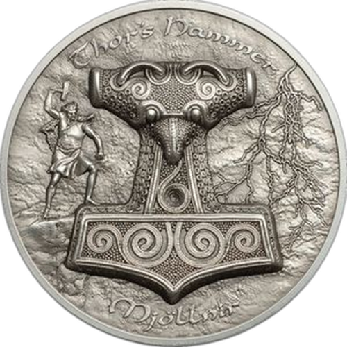 2 troy ounce zilveren munt Thor Hammer Mjollnir 10$ Cook Islands 2016 front