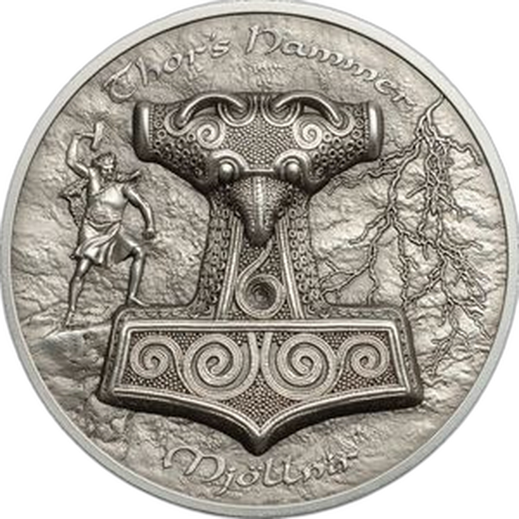 2 troy ounce zilveren munt Thor Hammer Mjollnir 10$ Cook Islands 2016 front