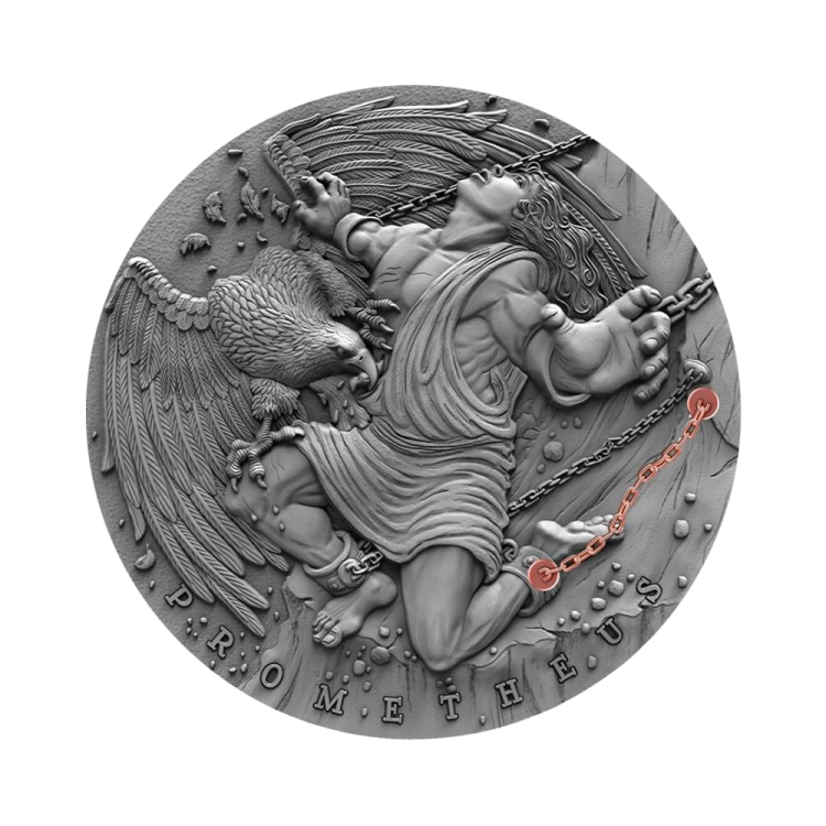2 troy ounce zilveren Promentheus Ancient Myths 5$ Niue 2019 voorkant