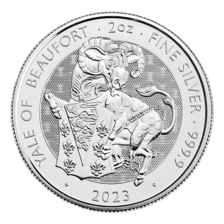2 troy ounce zilveren munt Tudor Beasts Yale of Beaufort 2023 voorkant