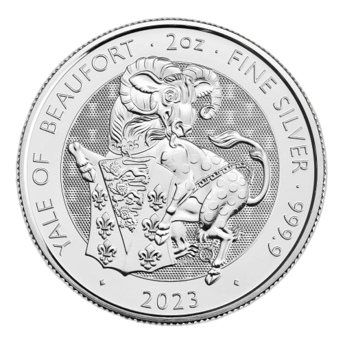 2 troy ounce zilveren munt Tudor Beasts Yale of Beaufort 2023 voorkant