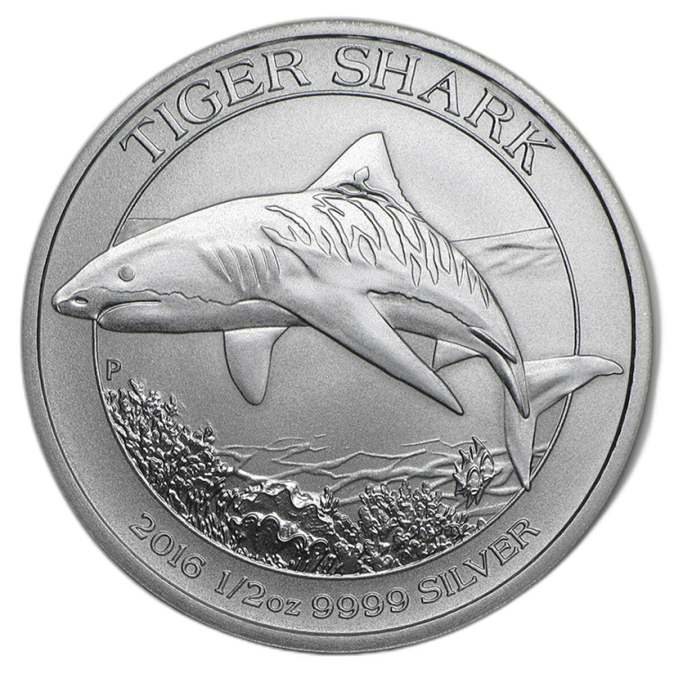 1/2 troy ounce zilveren Tiger Shark munt 2016 voorkant