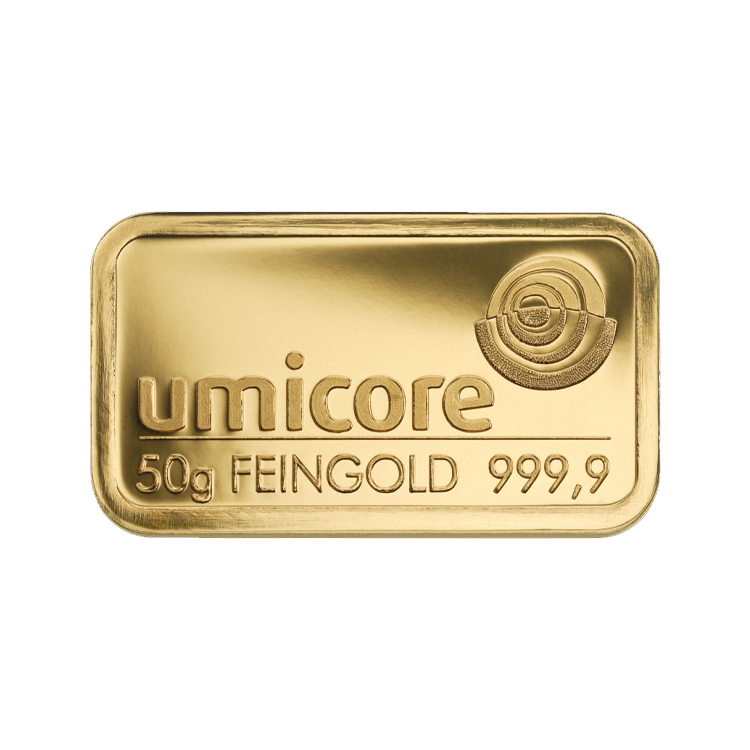 Gold bar 50 gram | Storage in Zürich front